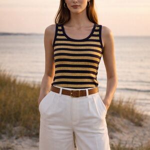 Lauren Ralph Lauren Gold Metallic Navy Striped Knit Tank Top S